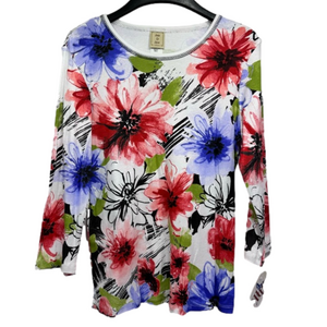 Jess & Jane Bright Floral 3/4 Sleeve Cotton Top Size Small Large XL NEW